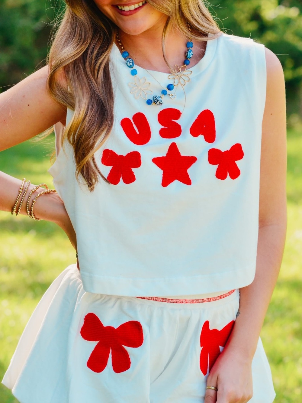 Peach Love White Sleeveless USA Graphic Crop Top - Red Accent Bows